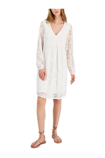 inc lace dress INC International Concepts Women's Smocked-Waist Lace Trim Dress - White