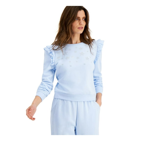 INC Womens Light Blue Embellished Ruffled Sweatshirt M