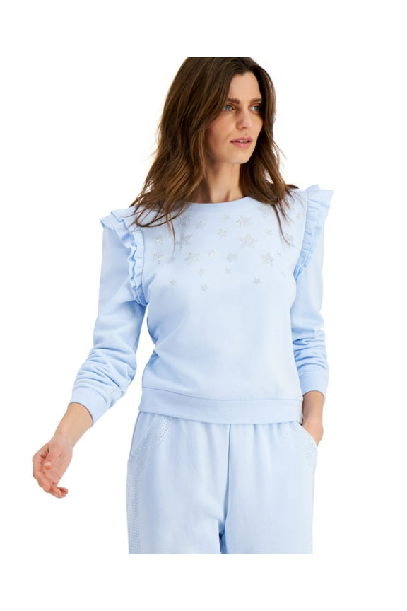 Womens Light Blue Embellished Ruffled Sweatshirt S