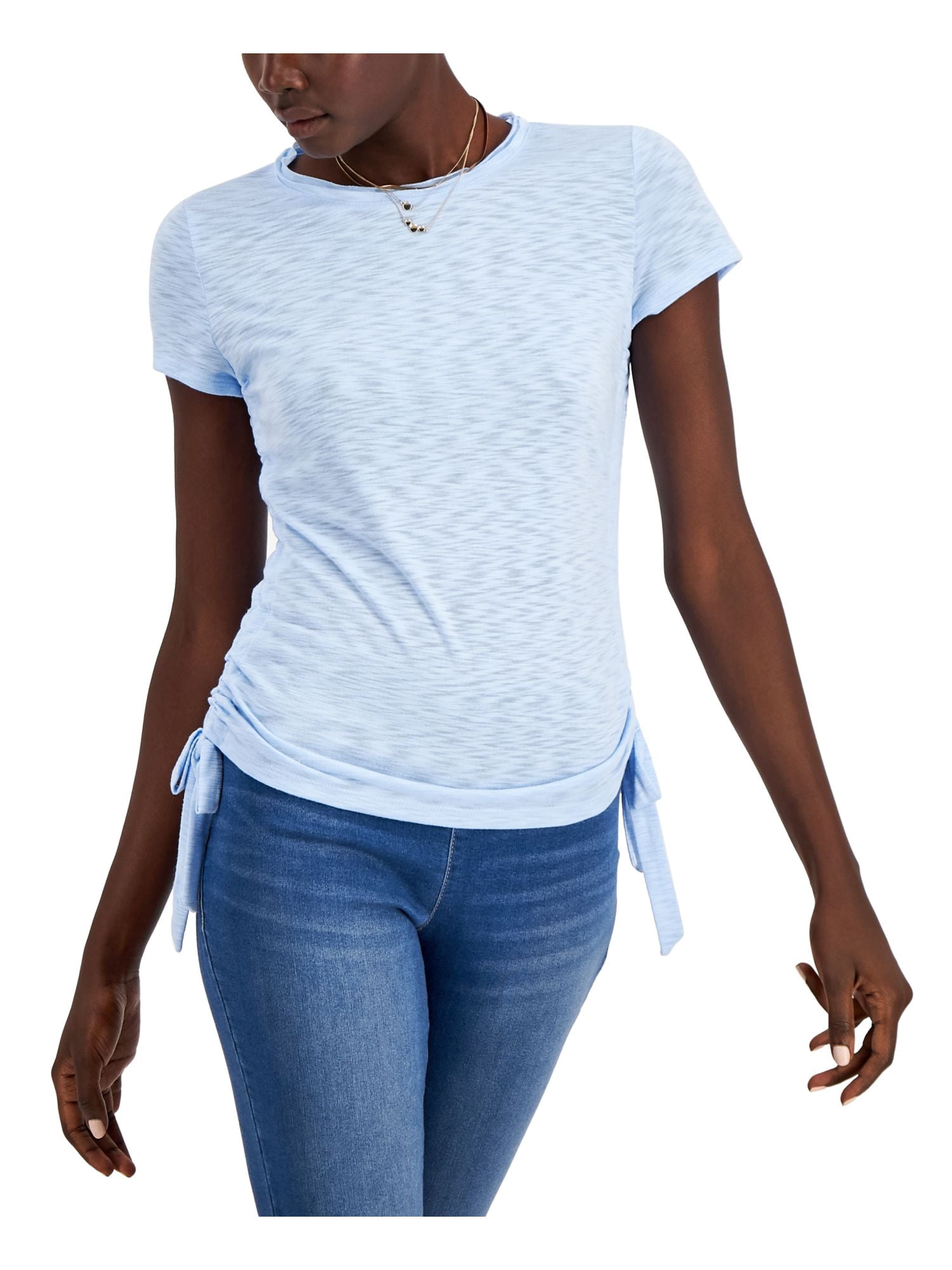 INC Womens Light Blue Stretch Ruched Side-ties Heather Short Sleeve Crew  Neck T-Shirt XS - Walmart.com