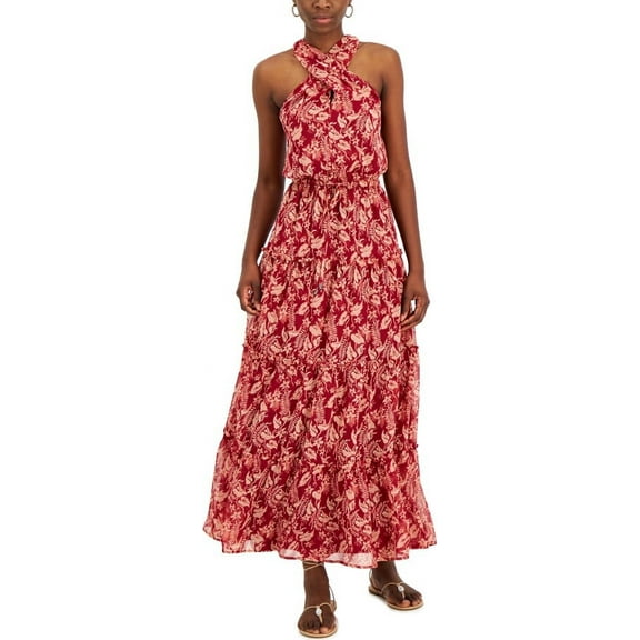 INC Womens Maroon Lined Floral Sleeveless Halter Tea-Length Shift Dress XL