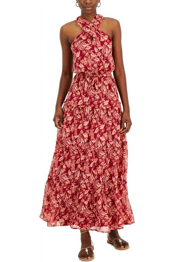 Womens Maroon Lined Floral Sleeveless Halter Tea-Length Shift Dress XL