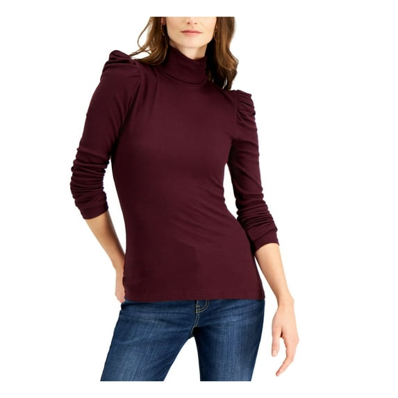 INC Womens Maroon Ruffled Ribbed Long Sleeve Turtle Neck Top Size: S