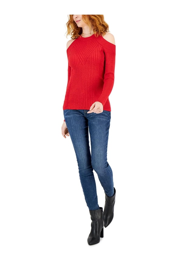 International Concepts Womens Cold Shoulder Ribbed Knit Metallic Sweater Real Red M