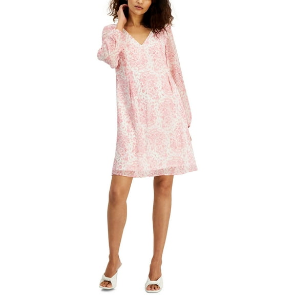 INC International Concepts Womens Printed Long Sleeve Shift Dress White/Pink Carnation M