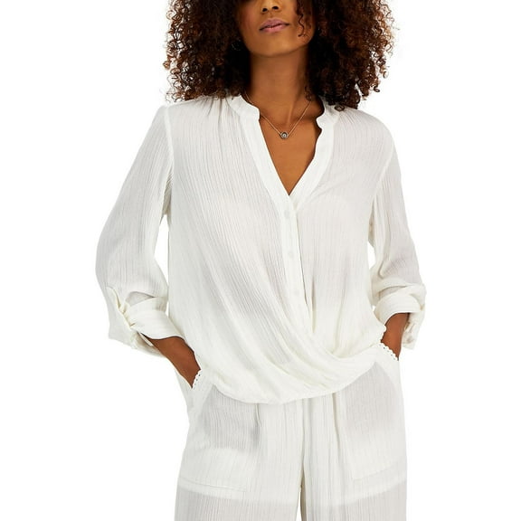 INC International Concepts Womens Button Down Front Twist Blouse Washed White M