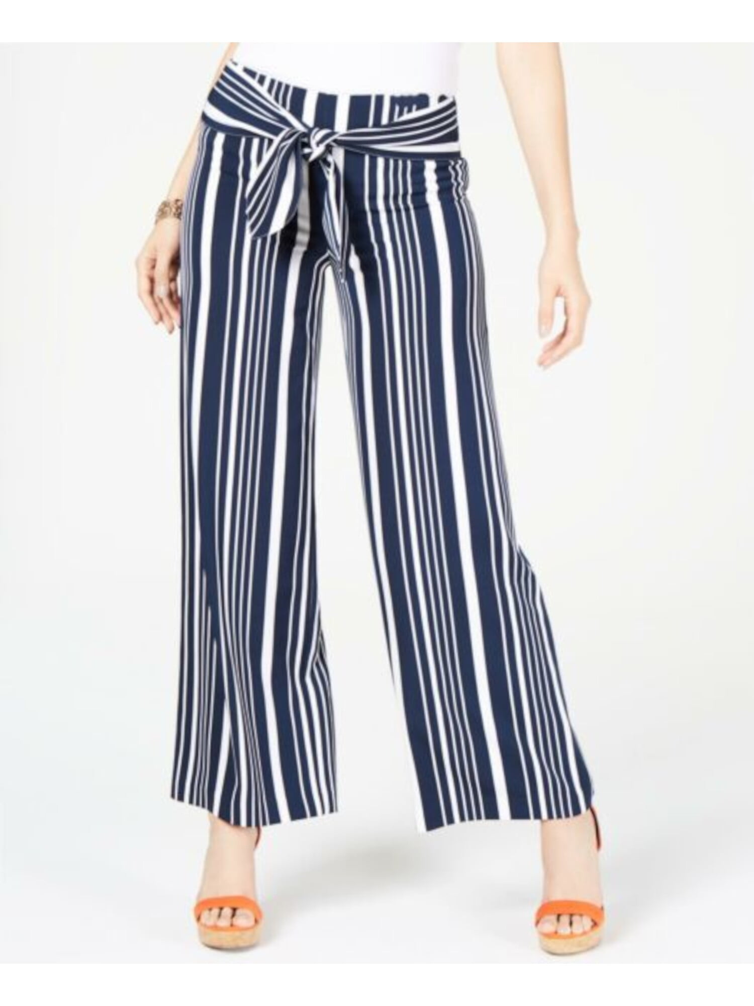 Womens Navy Front Tie Striped Wide Leg Pants 10