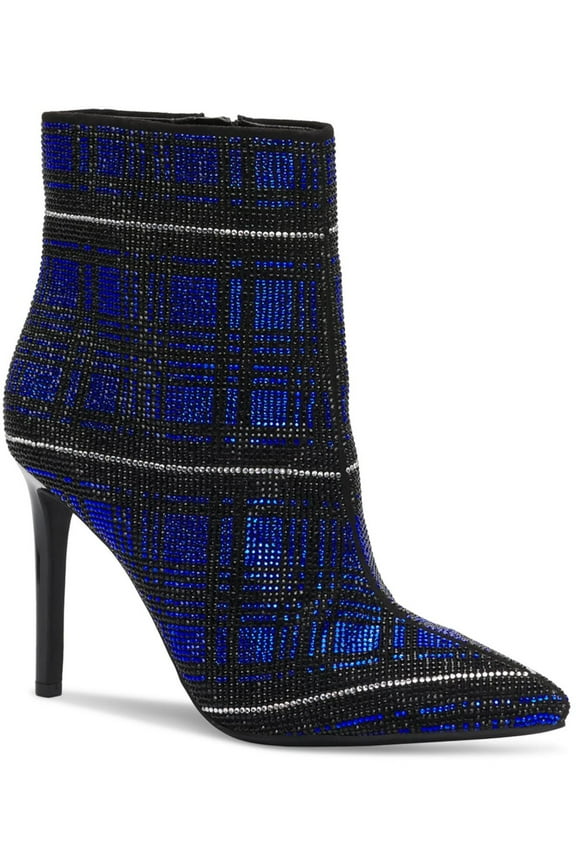 Womens Navy Plaid Slip Resistant Rhinestone Reisa Pointed Toe Stiletto Zip-Up Dress Booties 5.5 M