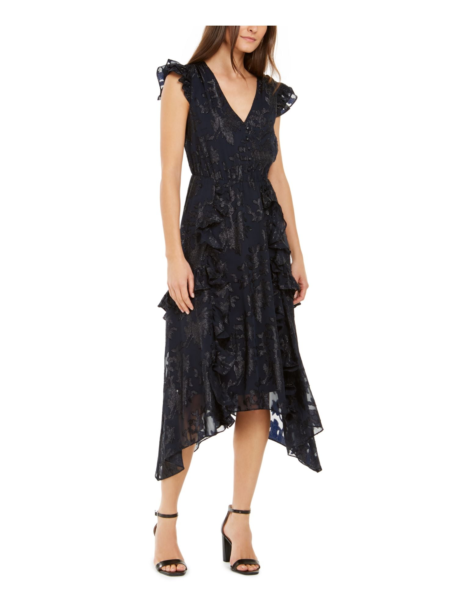 INC Womens Navy Ruffled Floral Cap Sleeve V Neck Tea-Length Formal Hi ...