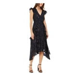 NAVY RUFFLED VNECK LARGE FLORAL EMBROIDERED SHIFT DRESS main image 0