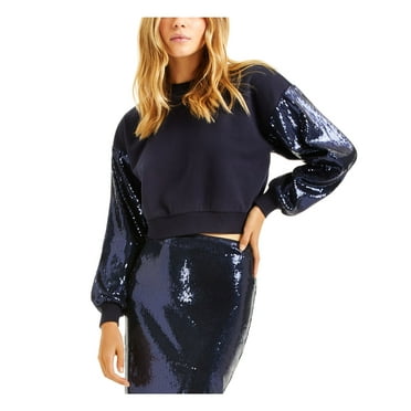 INC Womens Navy Sequined Sleeve Sweatshirt XS