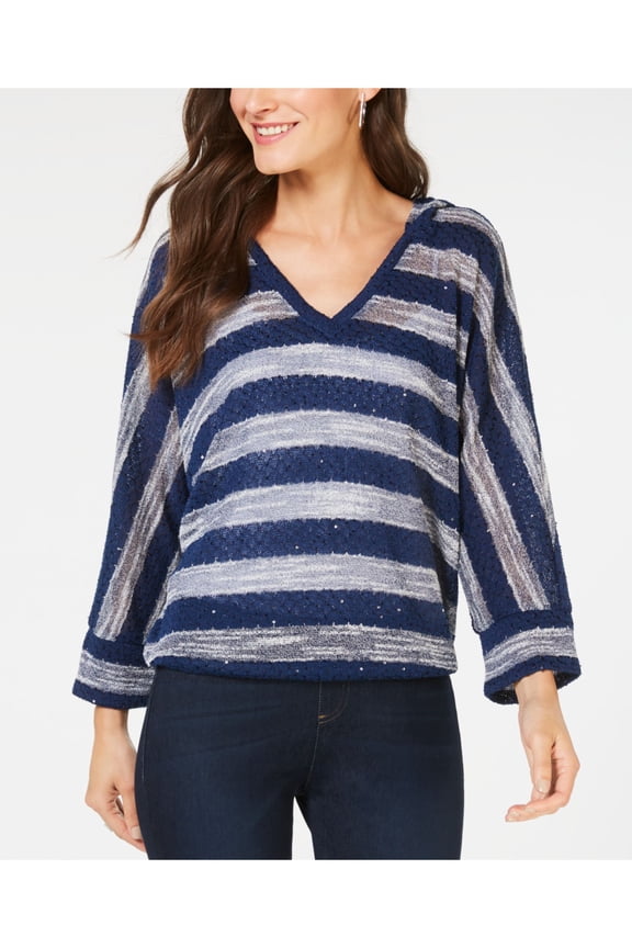 Womens Navy Sequined Striped Long Sleeve V Neck Hoodie Sweater Size: M