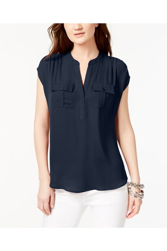 Womens Navy Short Sleeve V Neck Top Size: XXL