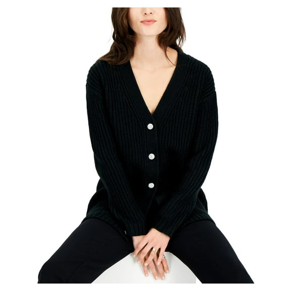 INC International Concepts Womens Rhinestone Button Chunky Cardigan Deep Black M