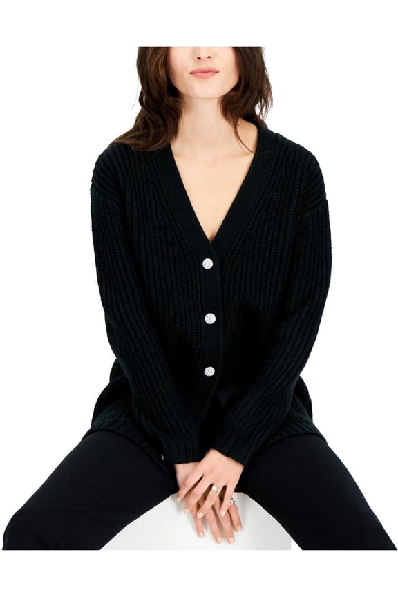 International Concepts Womens Rhinestone Button Chunky Cardigan Deep Black M