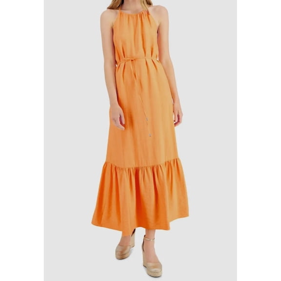 INC Womens Orange Ruched Belted Tie Keyhole Back Tiered Hem Sleeveless Halter Maxi Shift Dress 8