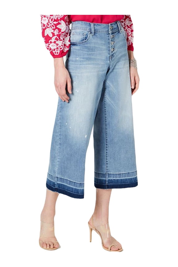 Womens Petites Cropped Destructed Wide Leg Jeans Blue 10P