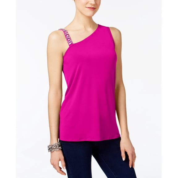 INC Womens Petites Jeweled Asymmetric Blouse Purple PL