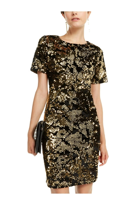 Womens Petites Sequined Midi Cocktail and Party Dress Gold PS