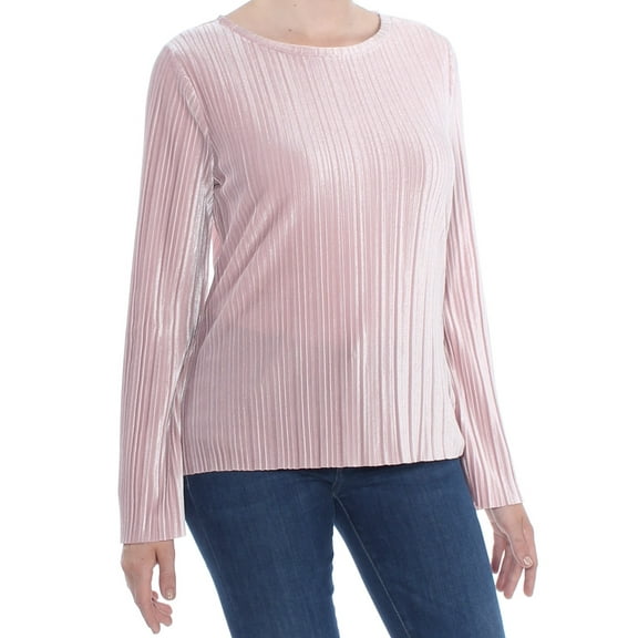 INC Womens Pink Pleated Velvet Long Sleeve Crew Neck Top M