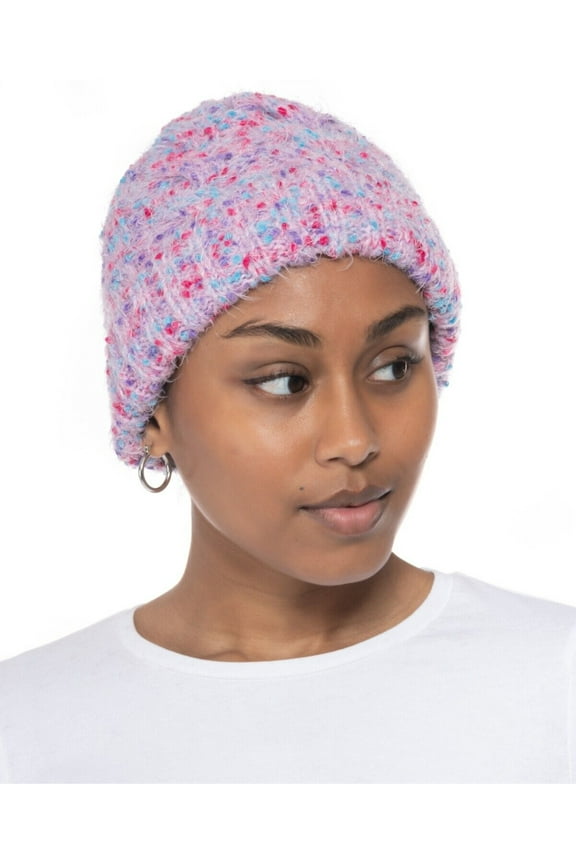 Womens Pink Popcorn Speckled Fitted Foldover Brim Beanie Hat Cap