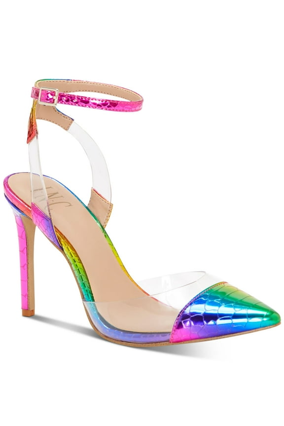 Womens Pink Rainbow Snake Translucent Strap Details Cushioned Adjustable Strap Kaija Pointed Toe Stiletto Buckle Dress Pumps Shoes 7 M