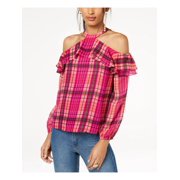 INC Womens Pink Ruffled Cold Shoulder Plaid Long Sleeve Halter Top Size XL