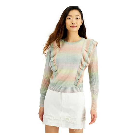 INC Womens Pink Ruffled Long Sleeve Jewel Neck Sweater  Size XS