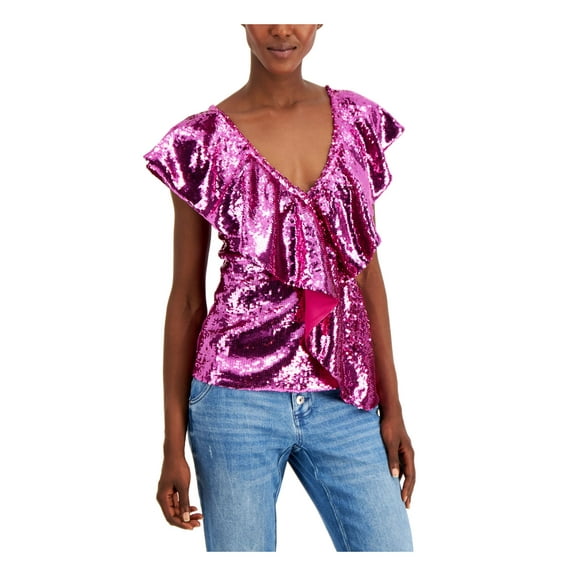 INC Womens Pink Sequined Flutter V Neck Party Top M