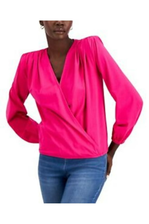 Womens Pink Stretch Pleated Padded Shoulders Elastic Band Blouson Sleeve Surplice Neckline Faux Wrap Top XL