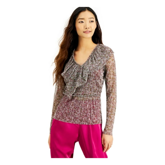 INC Womens Pink Textured Ruffled Metallic Threaded Floral Long Sleeve V Neck Wear To Work Blouse M