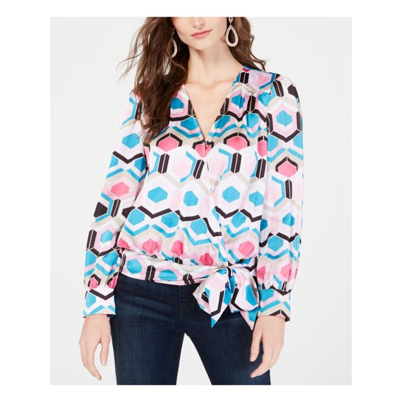 INC Womens Pink Tie Geometric Long Sleeve Faux Wrap Top Size: XL