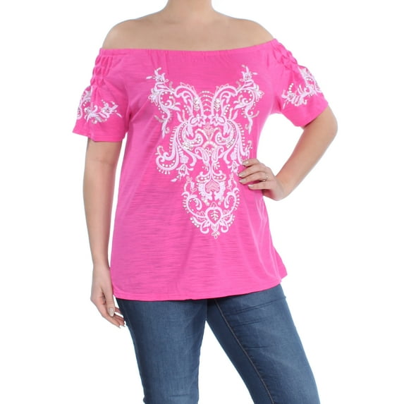 INC Womens Pink White Rhinestone Embroidered Pleated Top L