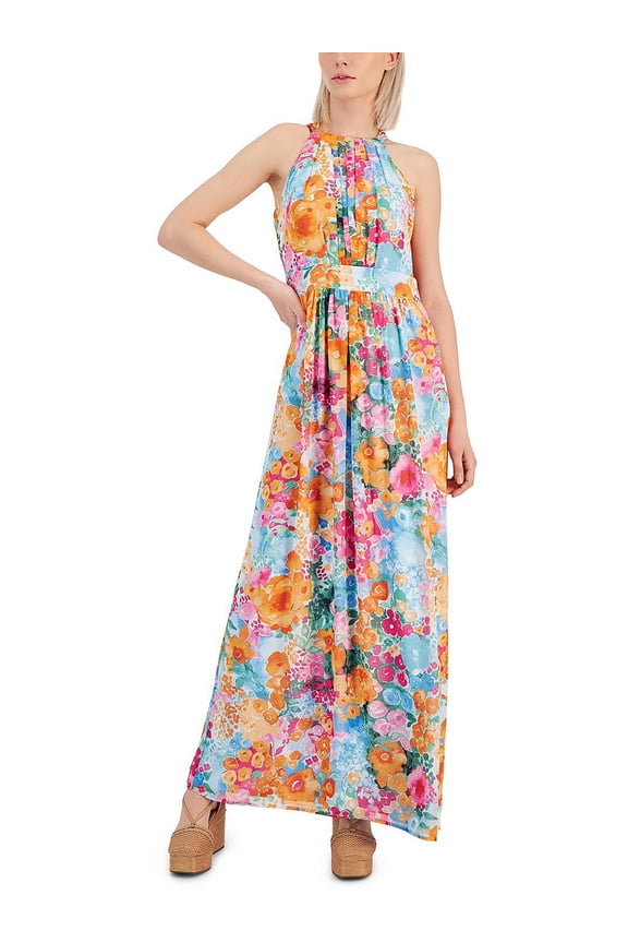 Womens Pleated Floral Print Maxi Dress