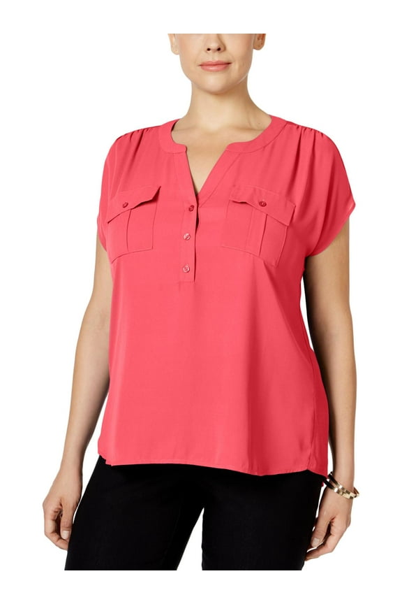 Plus Size Mixed-Media Utility Shirt Polished Coral 1X