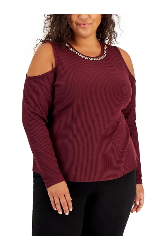 Womens Plus Chain Trim Ribbed Pullover Top