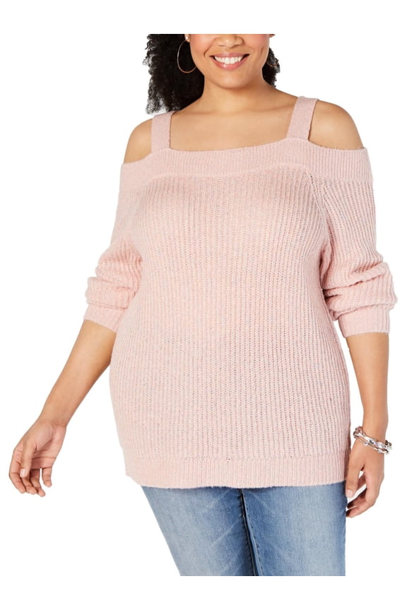 Womens Plus Cold Shoulder Wide Neck Sweater Pink 3X