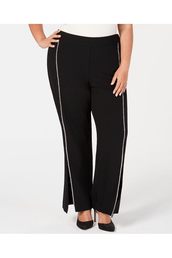 Plus Size Rhinestone Trim Crepe Wide Leg Pants Deep Black 28W
