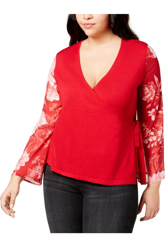 Womens Plus Flare Sleeve V-Neck Wrap Top
