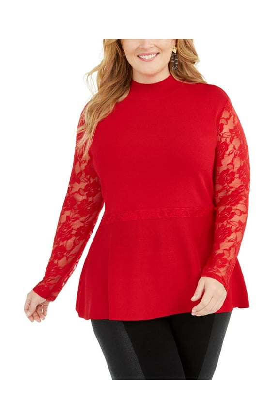 Womens Plus Lace Sleeves Mock Turtle Neck Peplum Top