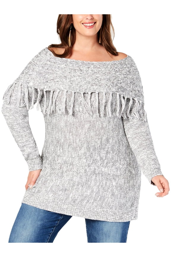 Womens Plus Metallic Fringe Tunic Sweater