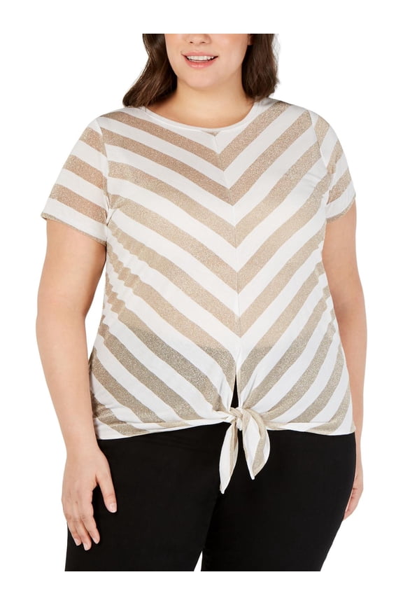 NEW INC International Concepts Women's Plus Metallic Stripe Tie-Hem Top Size 0X