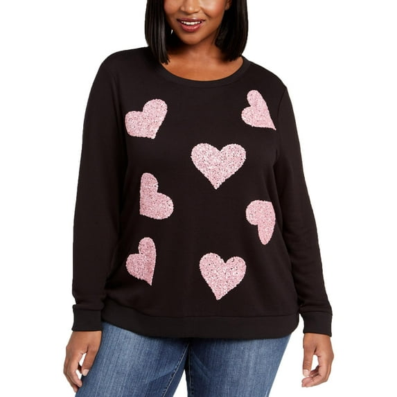 INC Womens Plus Sequin Heart Comfortable Comfy Sweatshirt Black 1X