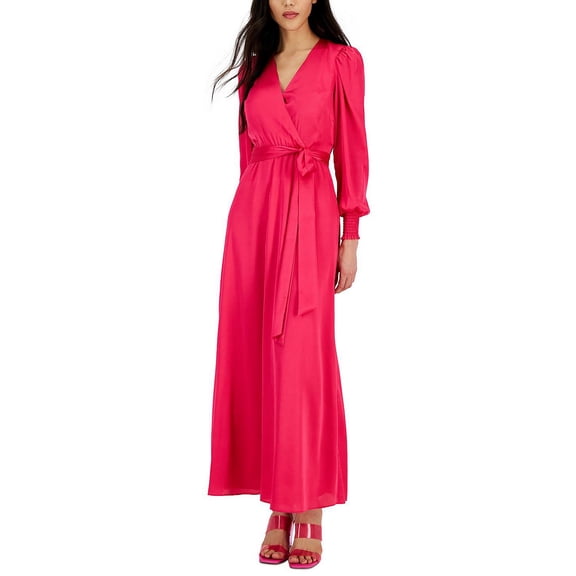 Inc International Concepts Womens Surplice-Neck Smocked-Cuff Maxi Dress Electric Pink 2