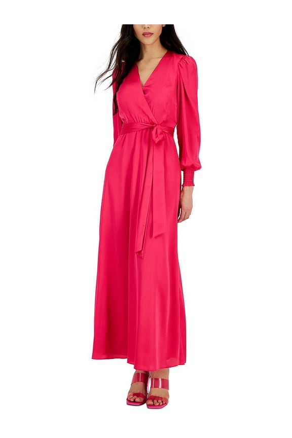 International Concepts Womens Surplice-Neck Smocked-Cuff Maxi Dress Electric Pink 16