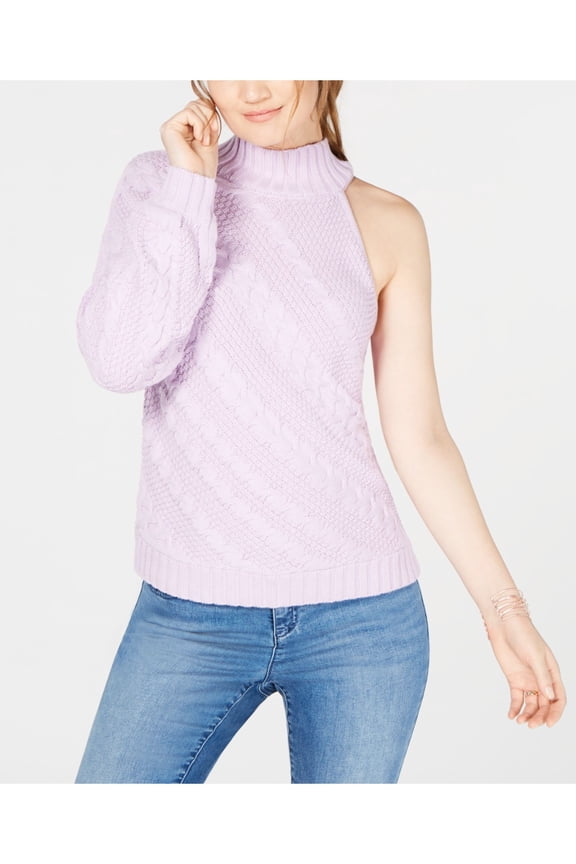 Womens Purple Asymmetric Cable One Shoulder Long Sleeve Turtle Neck Sweater M