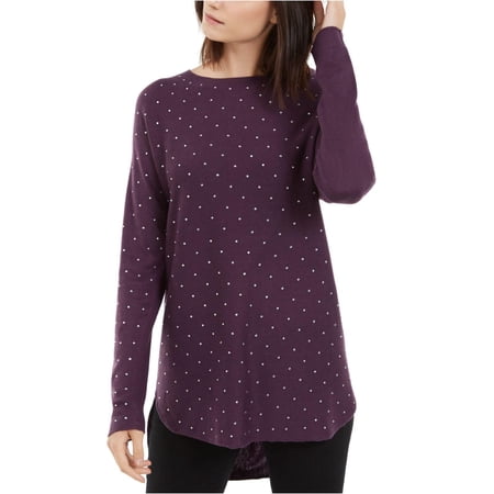 INC Womens Purple Embellished Long Sleeve Jewel Neck Hi-Lo Sweater S