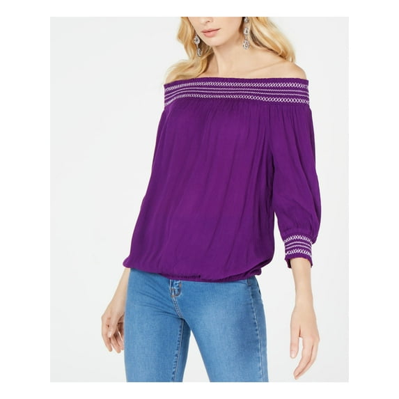 INC Womens Purple Long Sleeve Off Shoulder Top XS