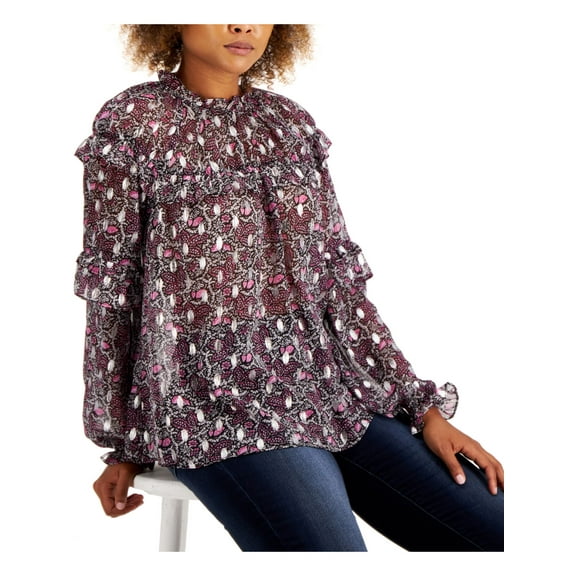INC Womens Purple Ruffled Mock Neck Printed Long Sleeve Top Size: S