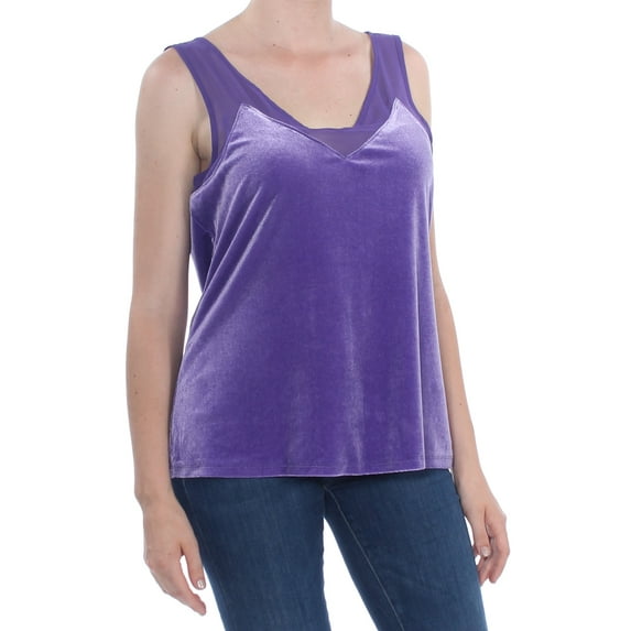 INC Womens Purple Velvet Sheer Inset Sleeveless V Neck Tank Top M